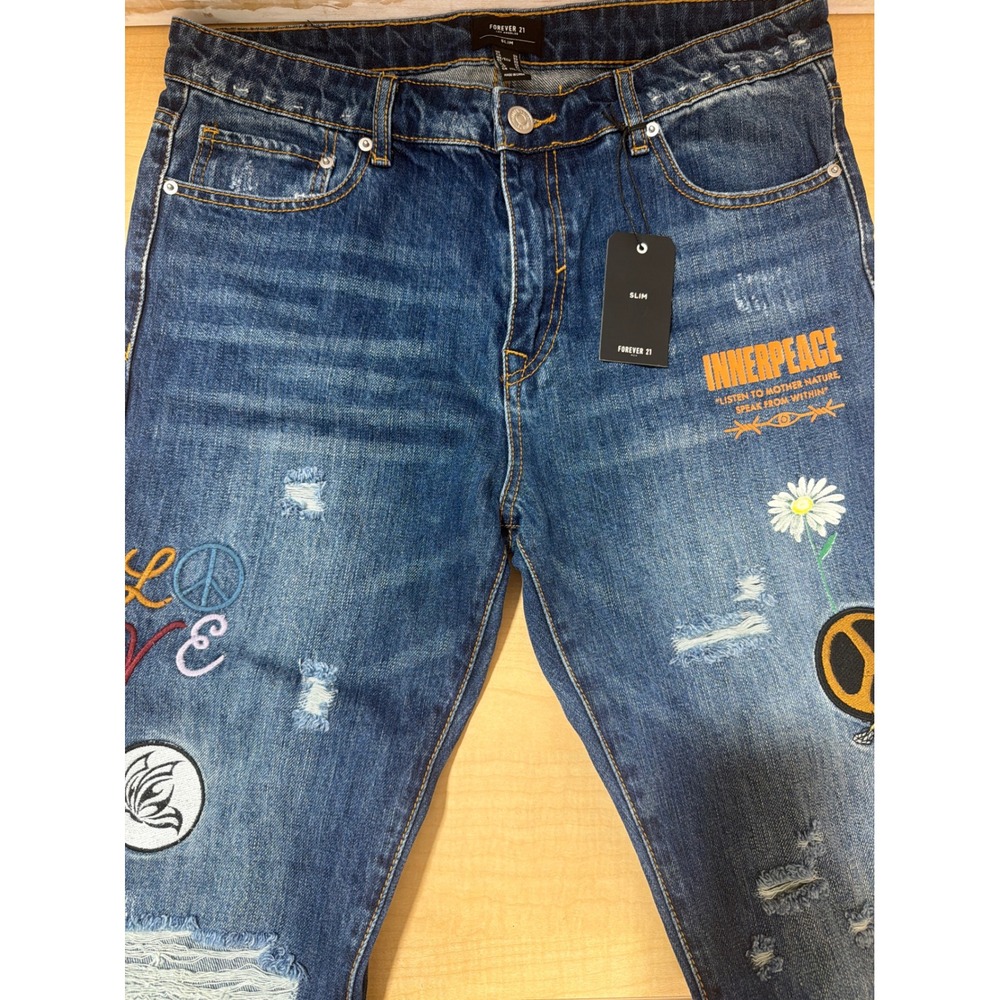 Forever 21 Mens Slim Distressed Embroidered Patch Jeans Blue 33 Inner Peace